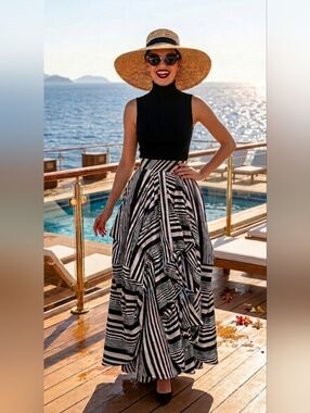 TOVHOLY Striped Layered Full Ruffle Skirt Women's Size 44 NWT